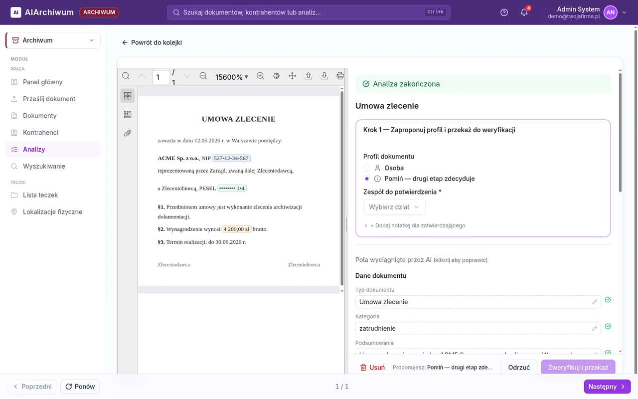 Panel analizy dokumentu w AIArchiwum: po lewej umowa zlecenie z podświetlonymi polami (PESEL, NIP, kwota), po prawej pola wyciągnięte przez AI i klasyfikacja archiwalna.